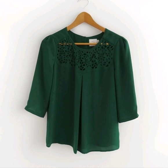 Anthropologie Womens 0 Petite HD in Paris Dara Green Laser Cut Minimalist Blouse - Picture 1 of 15